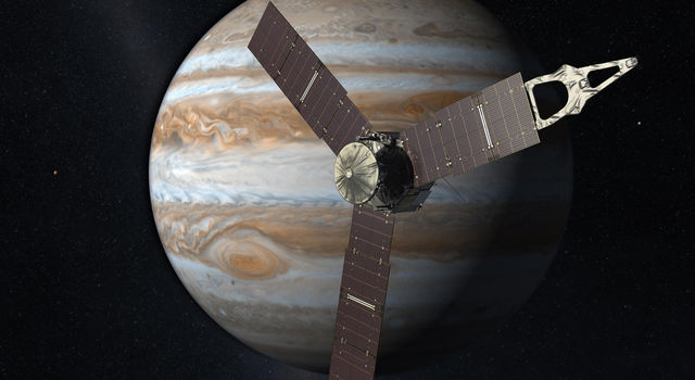 Imagen conceptual de Juno frente a Júpiter. 