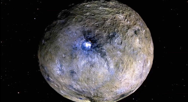 This false-color rendering highlights differences in surface materials at Ceres, one of the targets of the Dawn mission. Image credit: NASA/JPL-Caltech/UCAL/MPS/DLR/IDA