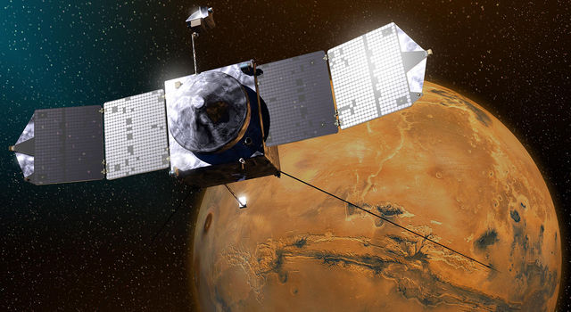 This artist's concept depicts NASA's Mars Atmosphere and Volatile EvolutioN (MAVEN) spacecraft near Mars