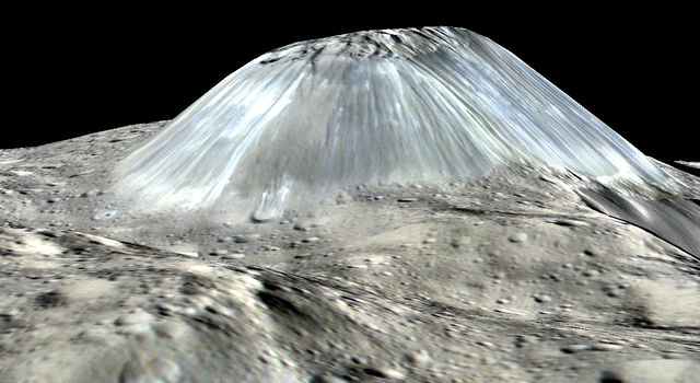 Ahuna Mons in simulated perspective, vertical scale exaggerated by factor of 2, NASA/JPL