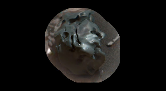 Colorized view of a meteorite on Mars from the ChemCam instrument on NASA's Curiosity Mars rover