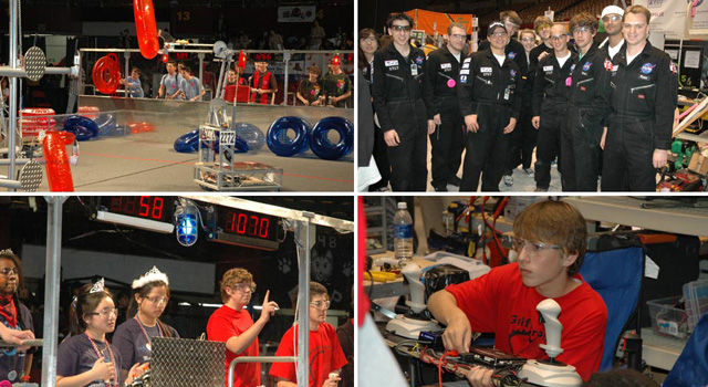Students compete at a FIRST robotics competition.