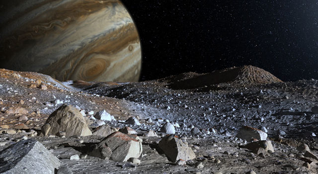 illustration of Jupiter as seen from the surface of its moon Europa
