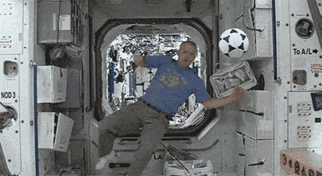 NASA astronauts play soccer, or football, on the international space station (ISS)