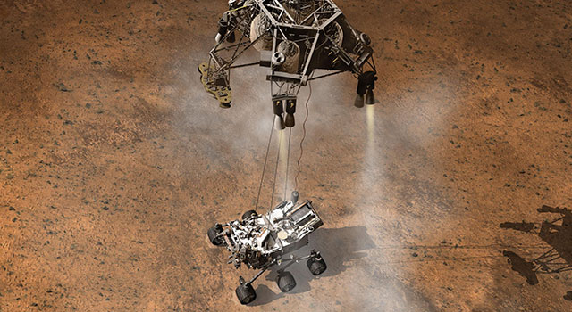Artist's concept of the Curiosity rover landing on Mars