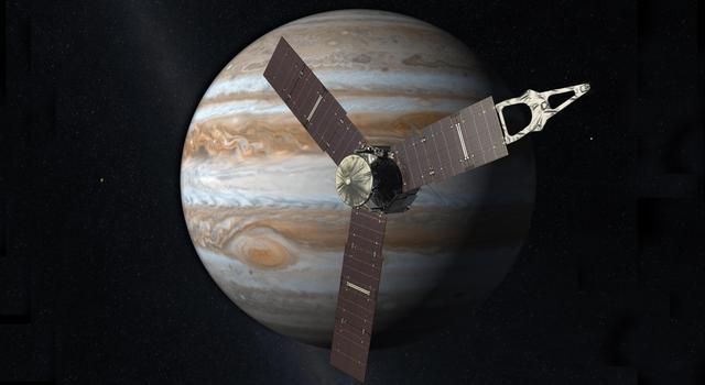 Illustration of the Juno spacecraft at Jupiter