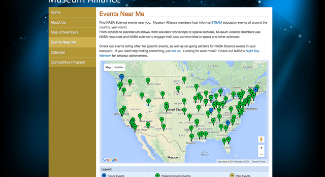 Screen grab of the NASA Museum Alliance "Events Near Me" map