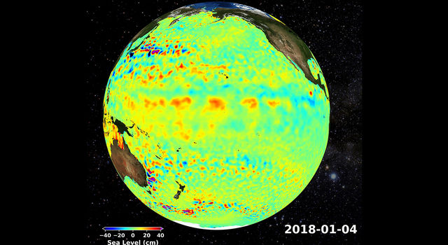 slide 2 - Image of Earth showing areas in the Pacific Ocean where sea levels were lower (blues) or higher (reds) than normal during the first week of January 2018.