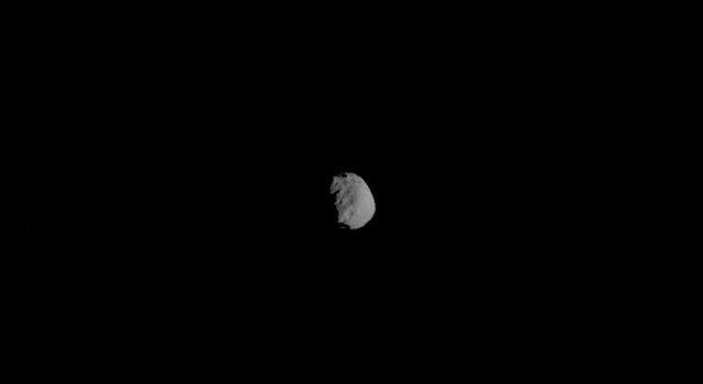 This image of Phobos is one product of the first pointing at that Martian moon by the THEMIS camera on NASA's Mars Odyssey orbiter.