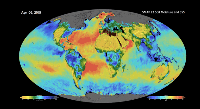This animation shows a time lapse of sea surface salinity and soil moisture
