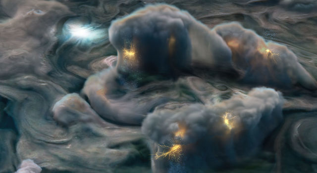 This illustration depicts high-altitude electrical storms on Jupiter