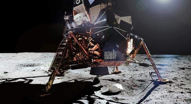 Composite image showing the Apollo 11 command module on the Moon.