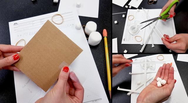 Collage of images showing a person adding tape to a piece of cardboard, cutting a straw with scissors and holding marshmallows