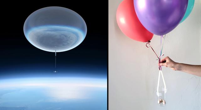 An illustration of a scientific balloon floating high in Earth's atmosphere next to an image of someone holding a homemade balloon and gondola system