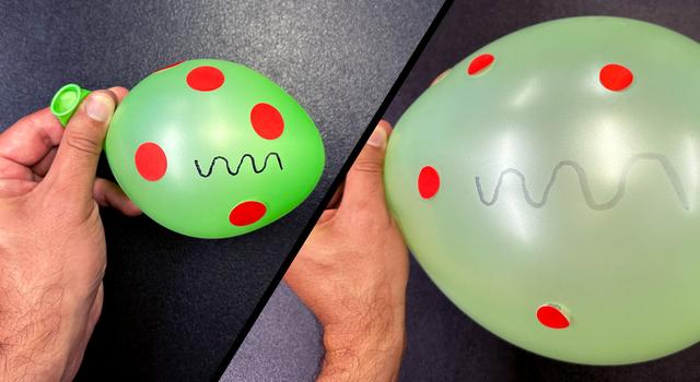 On the left, round stickers and a lightwave pattern decorate a barely inflated balloon and a fully inflated balloon. On the right, the same balloon is fully inflated and the stickers have moved apart and the lightwave has stretched out.