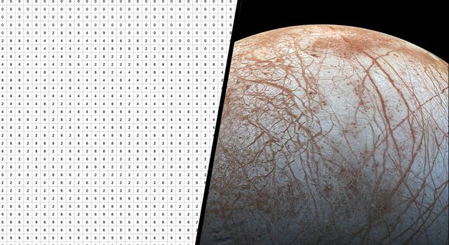 A bitmap image of Jupiter's moon Europa next to a real image of Europa.