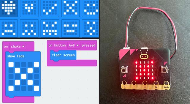 Menu of different LED light patterns, a code block to make an X pattern appear on shake, and a microdevice displaying an X pattern.