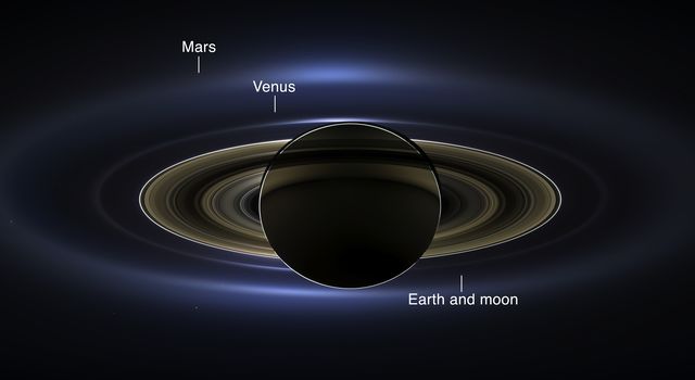 On July 19, 2013, Cassini slipped into Saturn's shadow and turned to image the planet, seven of its moons, its inner rings and Earth.