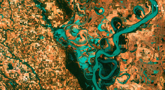 A striking teal Mississippi River meanders through orange blocks of land in this colorized image from the Landsat 7 satellite
