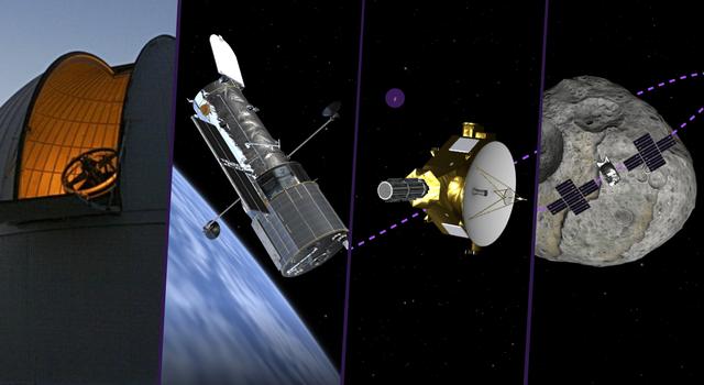 Four images representing different types of space observations, including ground-based telescopes, space telescopes, flyby spacecraft, and orbiter spacecraft