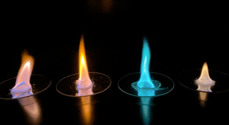 Different colored flames emanate from four powdered solutions on watch glass.