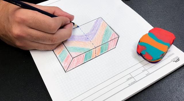 A person makes a perspective sketch of a multicolored block of play dough.