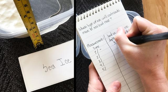 Photo of a person measuring the water level in their containers and writing it down on a notepad
