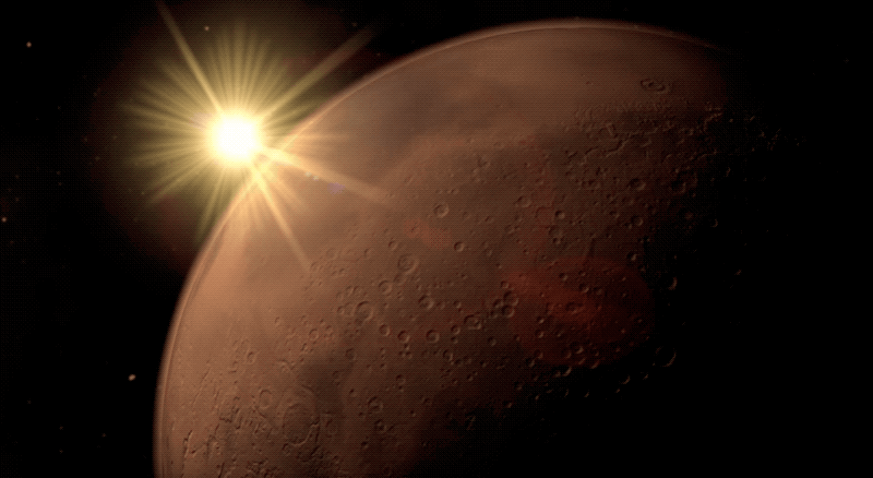 Artist's concept of the sun shining beyond the horizon of Mars