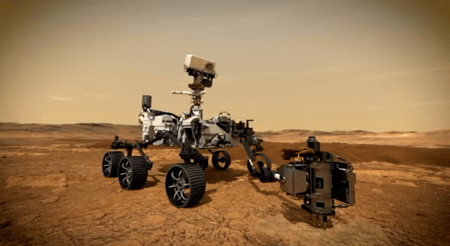 Animated image of the Perseverance rover drilling on Mars
