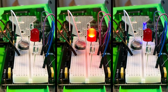 A collage of images showing various led lights connected to a breadboard lighting up.