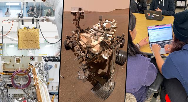 The gold plated MOXIE instrument is lowered into the body of the rover; the rover appears in a selfie on Mars; and two female students write code on a laptop.