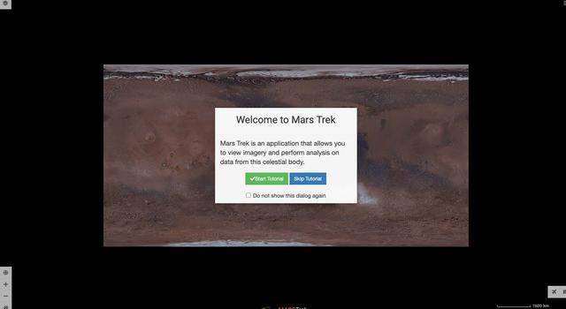 Screengrab from Mars Trek showing the default Mercator projection map of Mars.