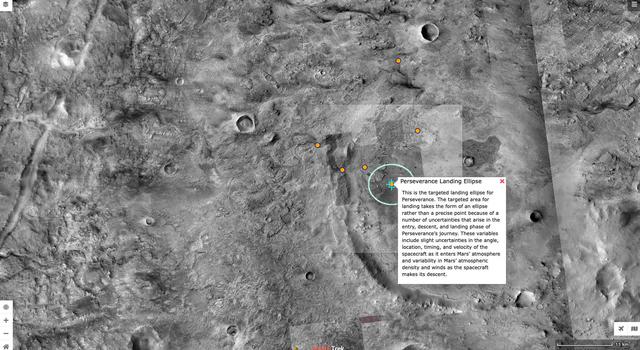 Screengrab of Mars Trek zoomed in on the Perseverance landing site.