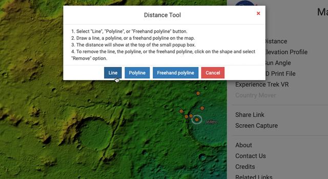 Screengrab from Mars Trek showing the line measurement option being selected.