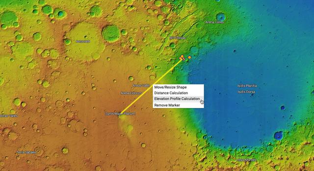 Screengrab of Mars Trek showing a line being drawn on a map of Mars.