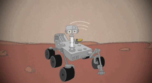Animated image of the Curiosity rover communicating with Earth
