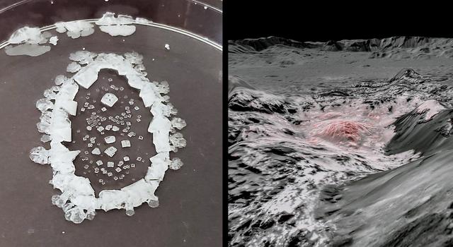 Side-by-side images showing a dried table salt solution and a close-up view of salt deposits on the dwarf planet Ceres