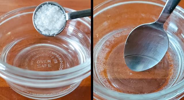 Side-by-side images show a person adding salt to water and stirring it to dissolve the salt.