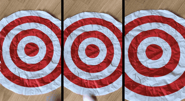 Three side-by-side animated images showing a wooden marble landing on a target
