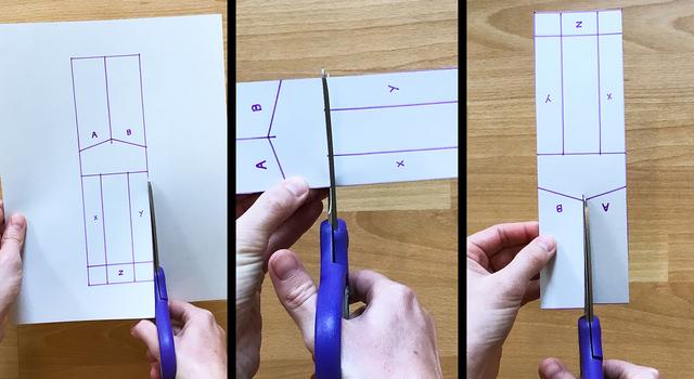 Collage of images showing a person cutting the dashed lines on the paper helicopter template