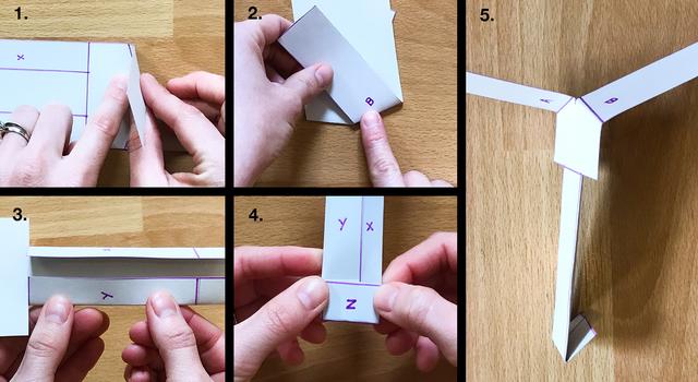 Collage de imágenes que muestran a una persona doblando las líneas continuas de la plantilla de helicóptero de papel