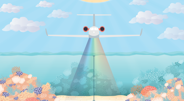 Illustration of an airplane flying over the ocean with coral shown below the water's surface. A spectral ray expands from the airplane down to the ocean floor