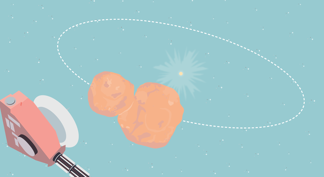 Illustration of Arrokoth orbiting the Sun with New Horizons flying by.