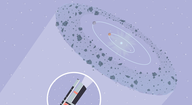 Illustration of two planets orbiting the star Beta Pictoris surrounded by a disk of debris. An inset illustration of the Spitzer space telescope shows a triangular beam representing the spacecraft's view of the disk
