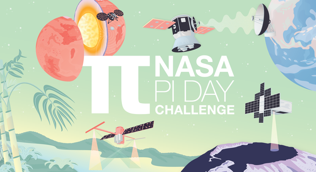 A illustration of the spacecraft and scenes depicted in the 2022 Pi Day Challenge with overlaid text that reads "NASA Pi Day Challenge"