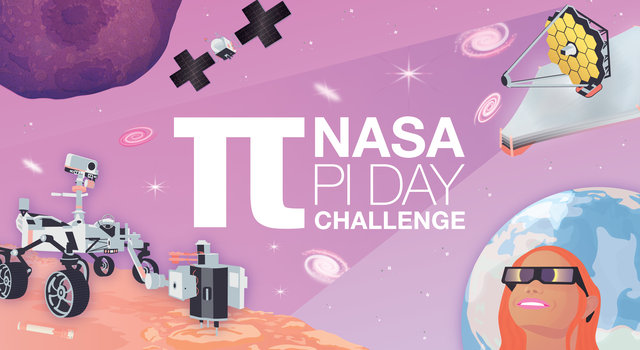 An illustration of the spacecraft and scenes depicted in the 2023 Pi Day Challenge with overlaid text that reads "NASA Pi Day Challenge"
