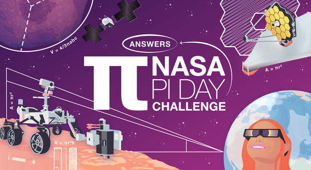 In this cartoonish illustration, various spacecraft are shown with notations such as circles and pi formulas. Text reads, NASA Pi Day Challenge Answers