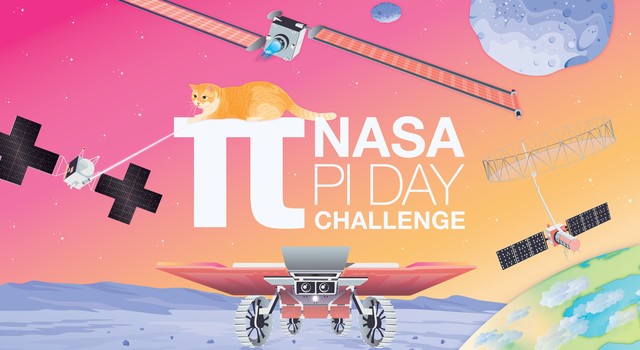 A collage of cartoon spacecraft, asteroids, Earth and rover on a lunar surface surround text that reads π NASA Pi Day Challenge. A cat sitting on the π symbol reaches toward a laser pointed in its direction. Stars in the shape of the π symbol fill the bac