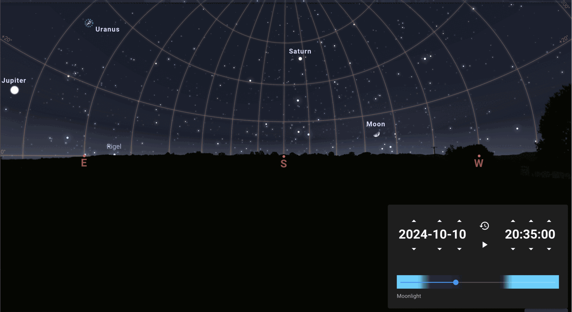 An animation of the night sky in sky mapping software. A flat horizon with a centered red letter S to indicate south sits below a starry night sky. A red W indicating west is on the horizon to the right and a red E indicating east is on the horizon to the