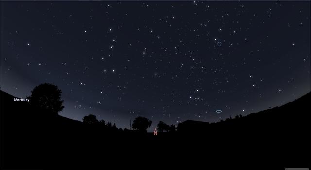 A computer animated image of the night sky in sky mapping software. A curved horizon with a centered red letter N to indicate north sits below a starry night sky.